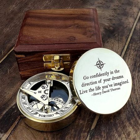 Brass Sundial Compass with Wooden Box